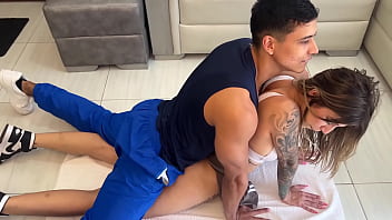 Sweaty, Sculpted Trainer Takes Petite Colombian Beauty After An Intense Workout